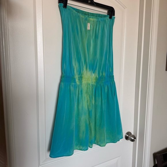 Gypsy 05 Turqoise/Green watercolor Strapless mini Dress charm on drawstring boho - Picture 7 of 11